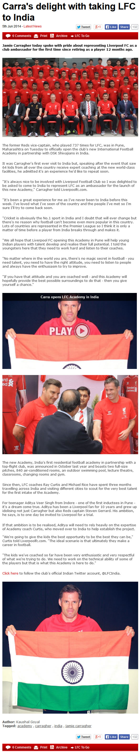 Carra’s delight with taking LFC to India